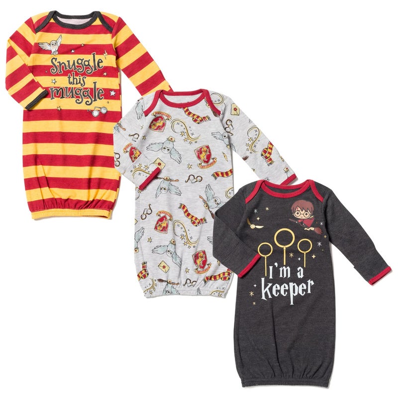 Harry Potter Hedwig Owl Newborn Baby Boys 3 Pack Sleeper Gowns Multicolor/Gray Newborn - Image 1